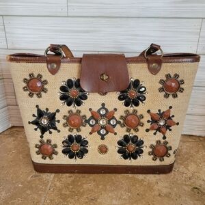 Enid Collins Purse Milles Fleurs Tan Black Jewel Flowers MCM Leather/Wood/Canvas